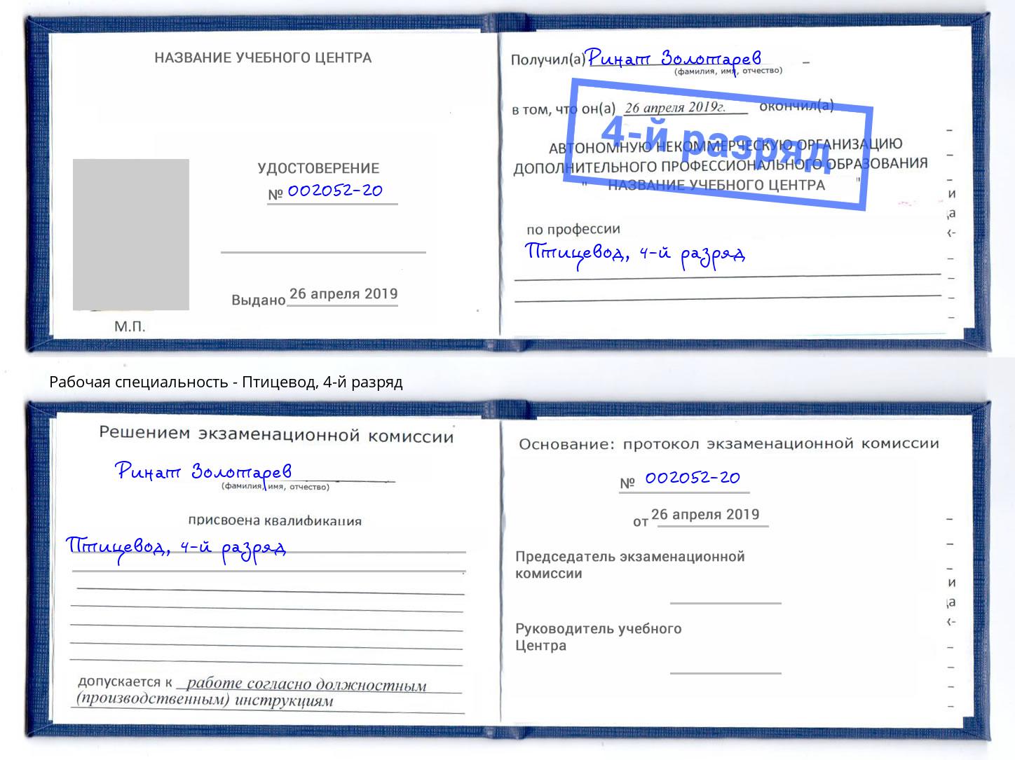 корочка 4-й разряд Птицевод Нальчик