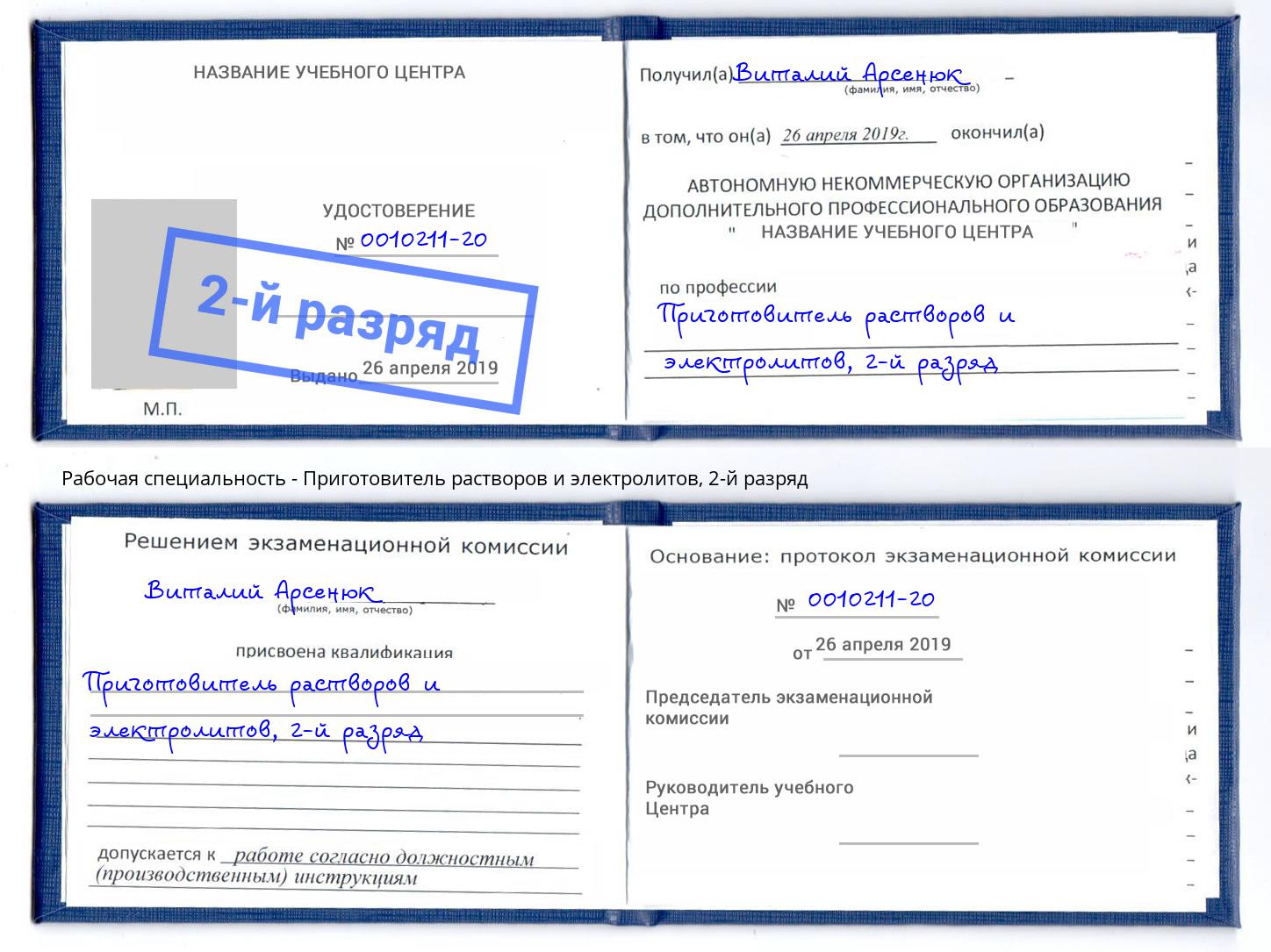 корочка 2-й разряд Приготовитель растворов и электролитов Нальчик